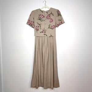 Vintage Just In Thyme Linen Blend Floral Maxi Dress 12 Modest Cottagecore 90s